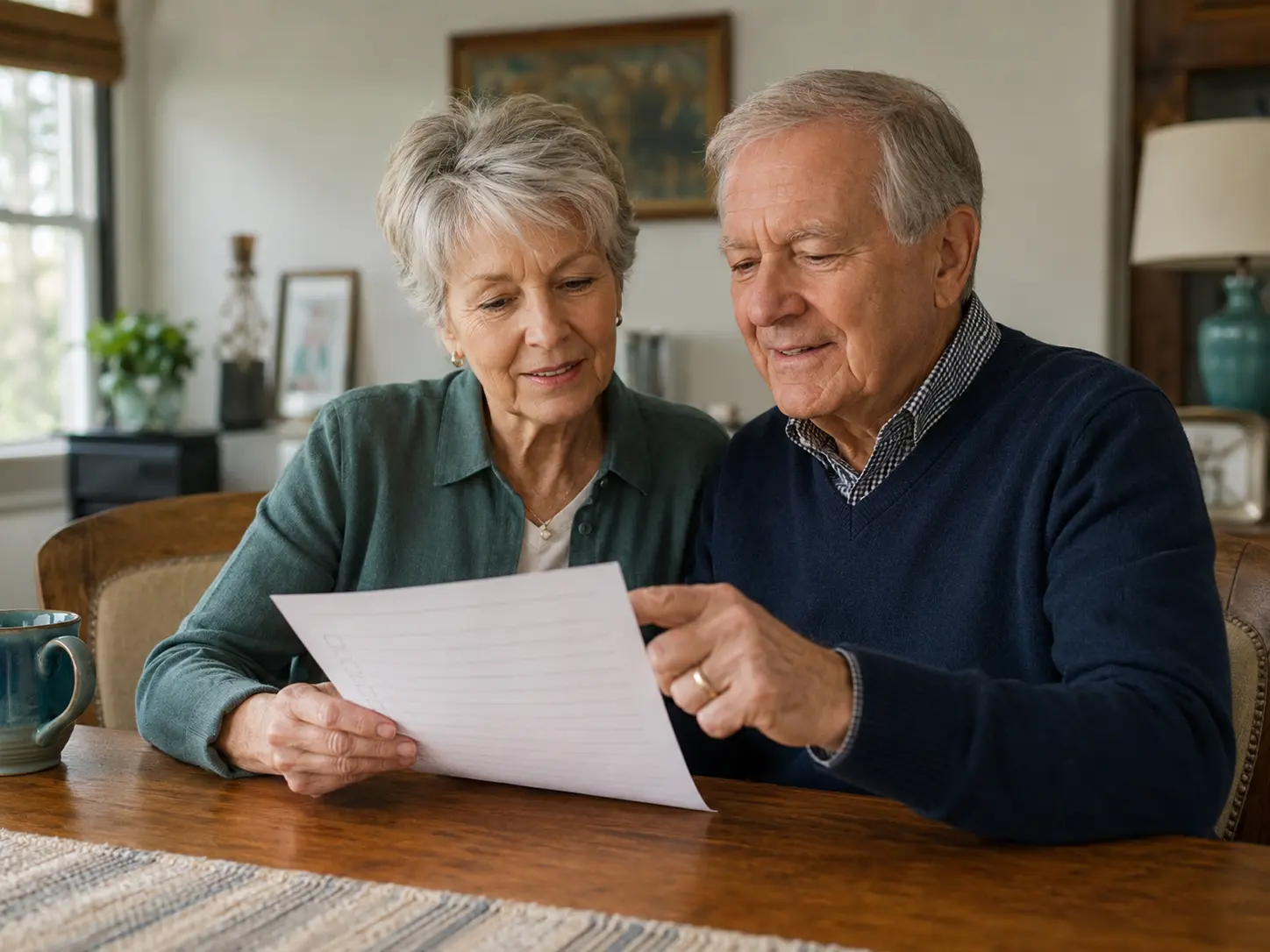 An older couple calmly reviewing a planning checklist at home