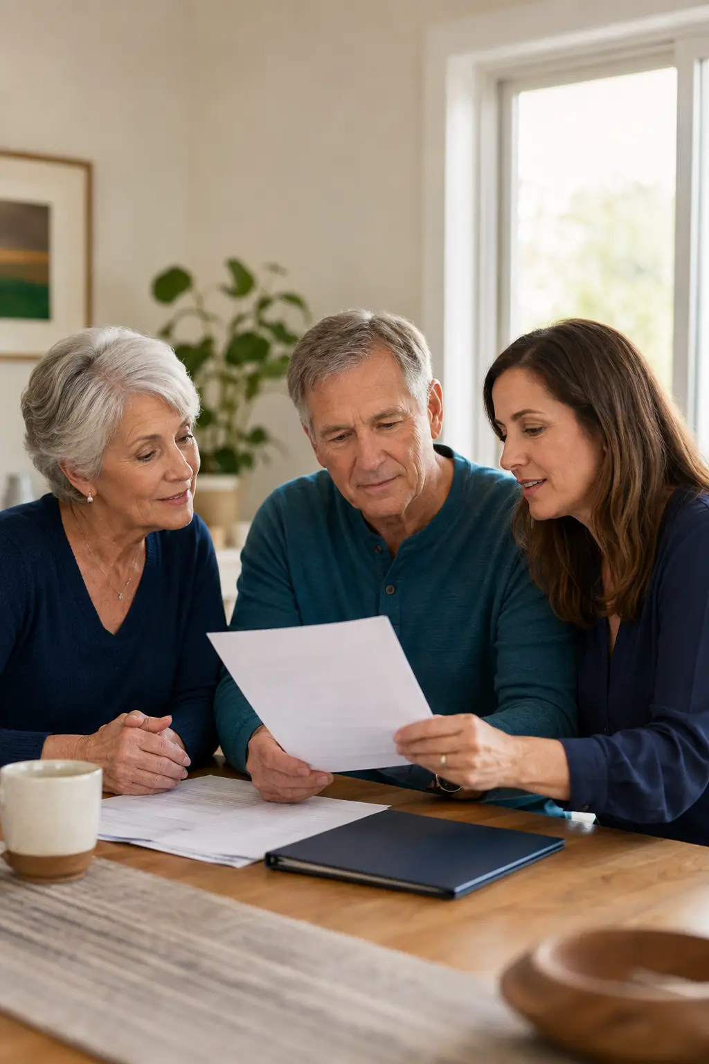 An older couple and their adult daughter reviewing planning documents together at home